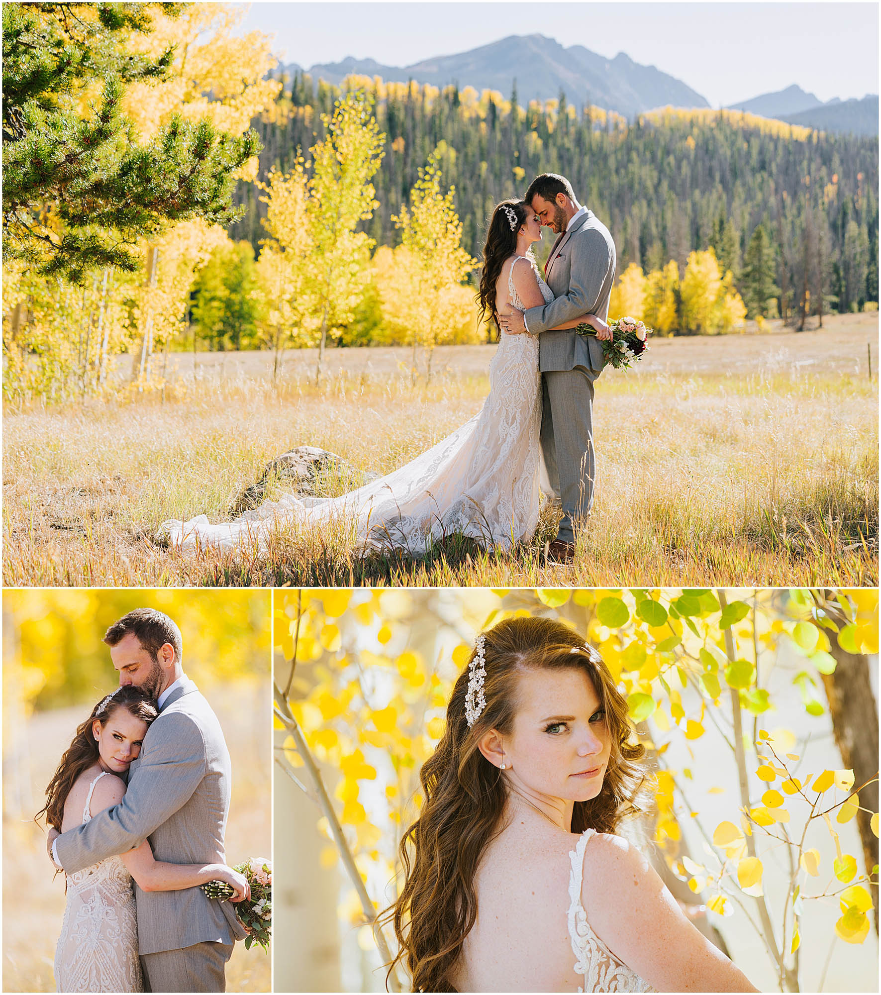 bride and groom in the Colorado aspens