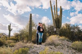 Phoenix wedding photograph of engaged couple with saguaro cactus
